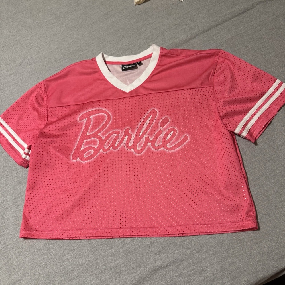 Barbie Women's Pink White Logo Varsity V-Neck Short Sleeve Crop Top Jersey